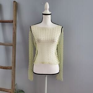 Haute Monde Green Faux Pearl Rhinestone Sheer Top Size L